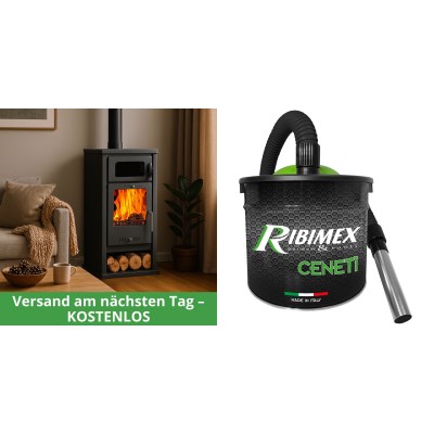 Set Kaminofen, Holzofen mit Backfach Balkan Energy, Modell Troy, Leistung 7.8kW + Elektrischer Aschesauger Ribimex, Modell Cenetì, Fassungsvermögen 15 L - Holzofen