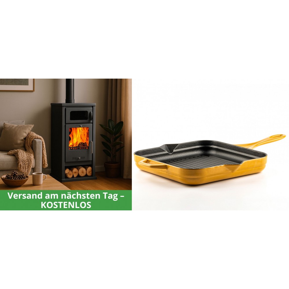 Set Kaminofen, Holzofen mit Backfach Balkan Energy, Modell Troy, Leistung 7.8kW + Emaillierte grillpfanne Gusseisen Solagio, Dijon, 28х28cm | Holzofen | Kaminofen |