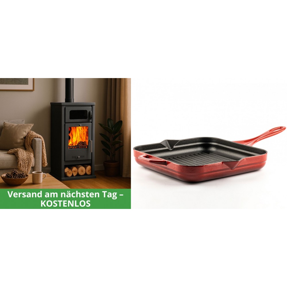 Set Kaminofen, Holzofen mit Backfach Balkan Energy, Modell Troy, Leistung 7.8kW + Emaillierte grillpfanne Gusseisen Solagio, Rubin, 28x28cm | Holzofen | Kaminofen |
