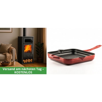 Set Kaminofen, Holzofen mit Backfach Balkan Energy, Modell Troy, Leistung 7.8kW + Emaillierte grillpfanne Gusseisen Solagio, Rubin, 28x28cm - Holzofen