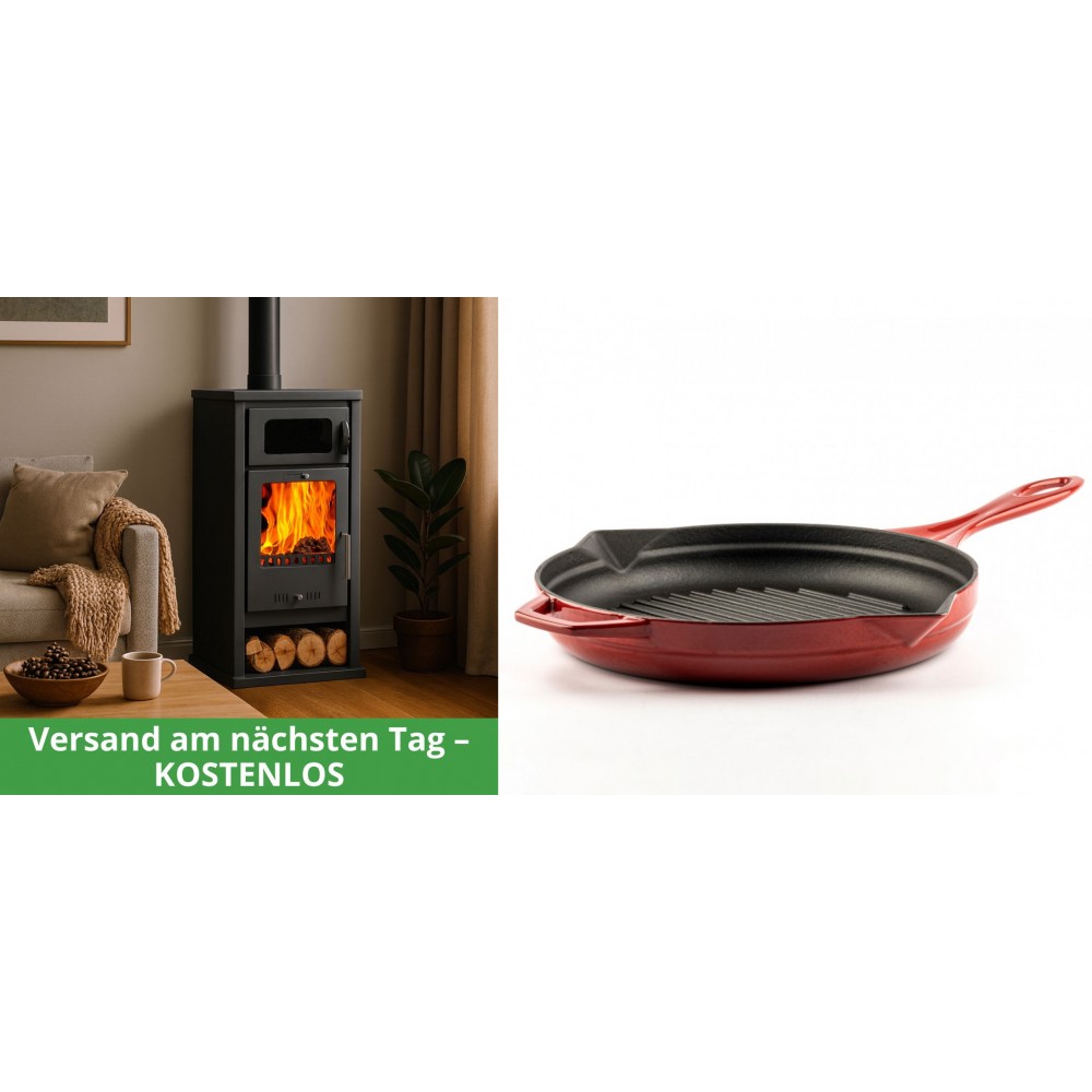 Set Kaminofen, Holzofen mit Backfach Balkan Energy, Modell Troy, Leistung 7.8kW + Emaillierte grillpfanne Gusseisen Solagio, Rubin, Ф28cm