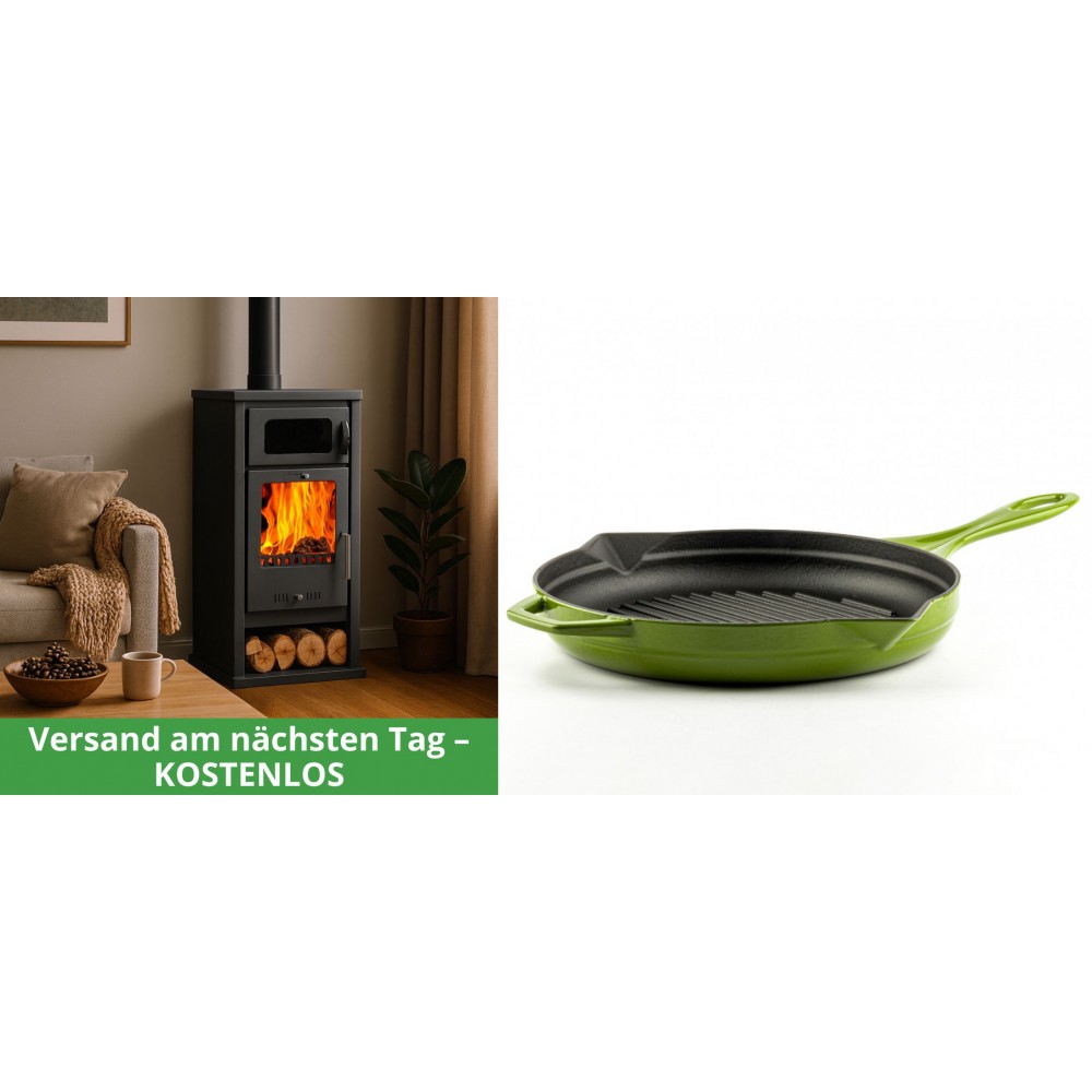 Set Kaminofen, Holzofen mit Backfach Balkan Energy, Modell Troy, Leistung 7.8kW + Emaillierte grillpfanne Gusseisen Solagio, Bamboo, Ф28cm