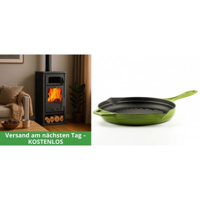 Set Kaminofen, Holzofen mit Backfach Balkan Energy, Modell Troy, Leistung 7.8kW + Emaillierte grillpfanne Gusseisen Solagio, Bamboo, Ф28cm - Holzofen