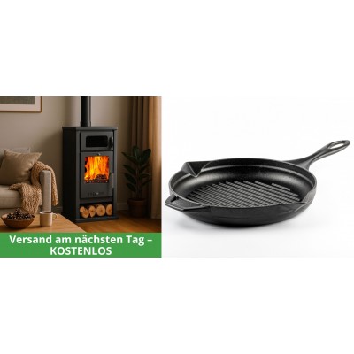 Set Kaminofen, Holzofen mit Backfach Balkan Energy, Modell Troy, Leistung 7.8kW + Emaillierte grillpfanne Gusseisen Solagio, Black Onyx, Ф28cm - Holzofen