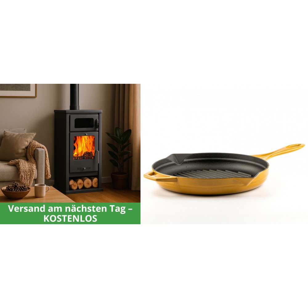 Set Kaminofen, Holzofen mit Backfach Balkan Energy, Modell Troy, Leistung 7.8kW + Emaillierte grillpfanne Gusseisen Solagio, Dijon, Ф28cm