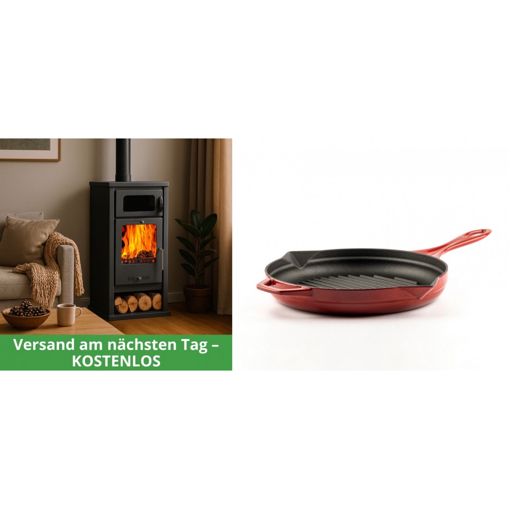 Set Kaminofen, Holzofen mit Backfach Balkan Energy, Modell Troy, Leistung 7.8kW + Emaillierte grillpfanne Gusseisen Solagio, Rubin, Ф24cm