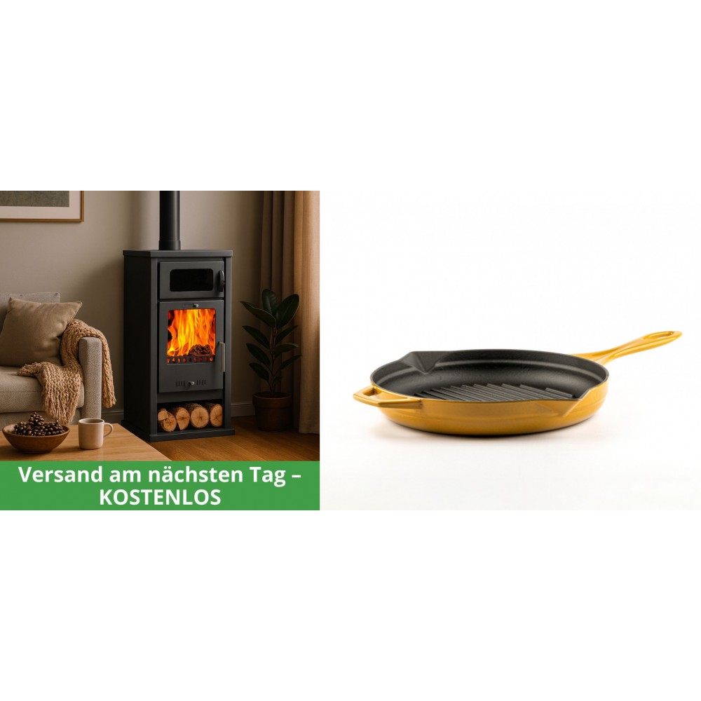 Set Kaminofen, Holzofen mit Backfach Balkan Energy, Modell Troy, Leistung 7.8kW + Emaillierte grillpfanne Gusseisen Solagio, Dijon, Ф24cm