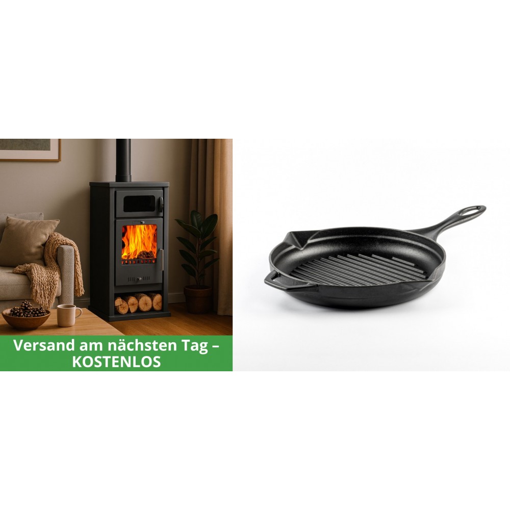 Set Kaminofen, Holzofen mit Backfach Balkan Energy, Modell Troy, Leistung 7.8kW + Emaillierte grillpfanne Gusseisen Solagio, Black Onyx, Ф24cm