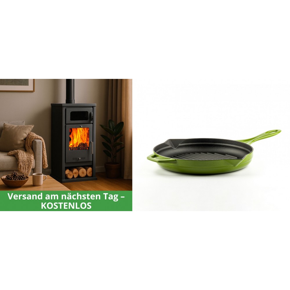 Set Kaminofen, Holzofen mit Backfach Balkan Energy, Modell Troy, Leistung 7.8kW + Emaillierte grillpfanne Gusseisen Solagio, Bamboo, Ф24cm