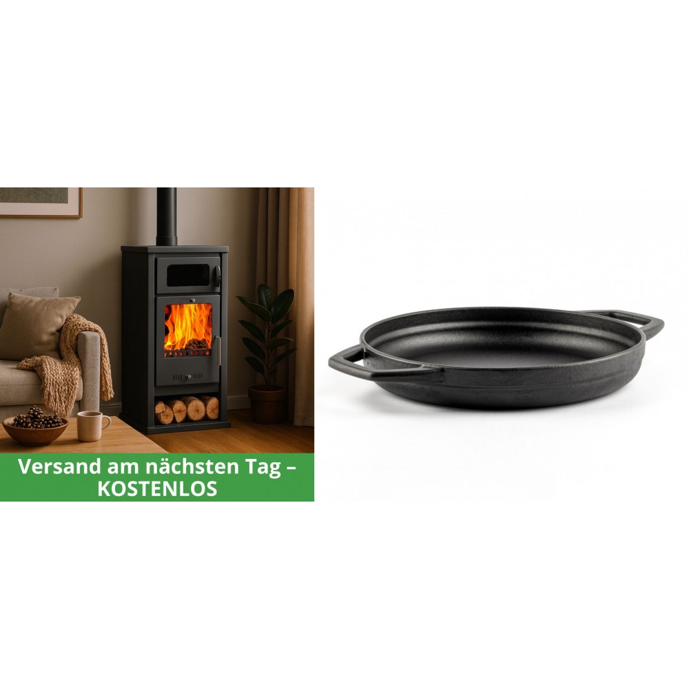 Set Kaminofen, Holzofen mit Backfach Balkan Energy, Modell Troy, Leistung 7.8kW + Emaillierte gusseisenpfanne mit zwei Griffen Solagio, Black Onyx, Ф22cm | Holzofen | Kaminofen |