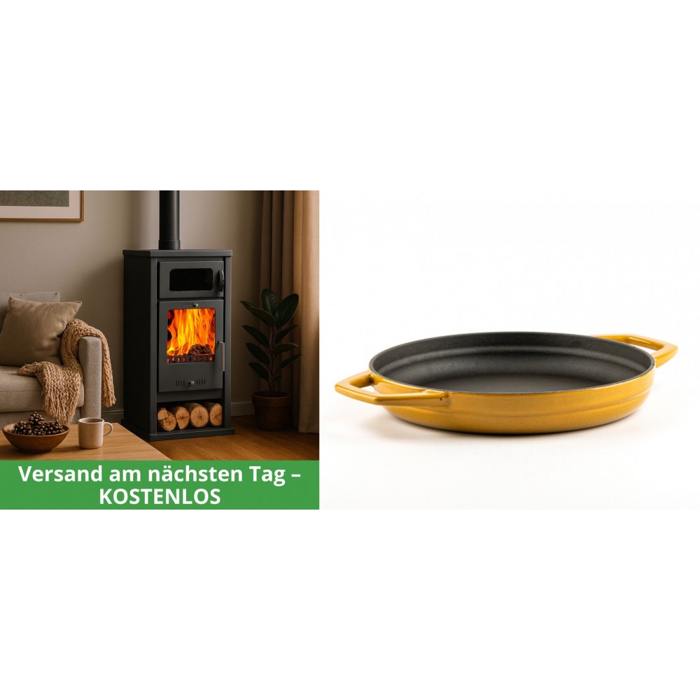 Set Kaminofen, Holzofen mit Backfach Balkan Energy, Modell Troy, Leistung 7.8kW + Emaillierte gusseisenpfanne mit zwei Griffen Solagio, Dijon, Ф22cm