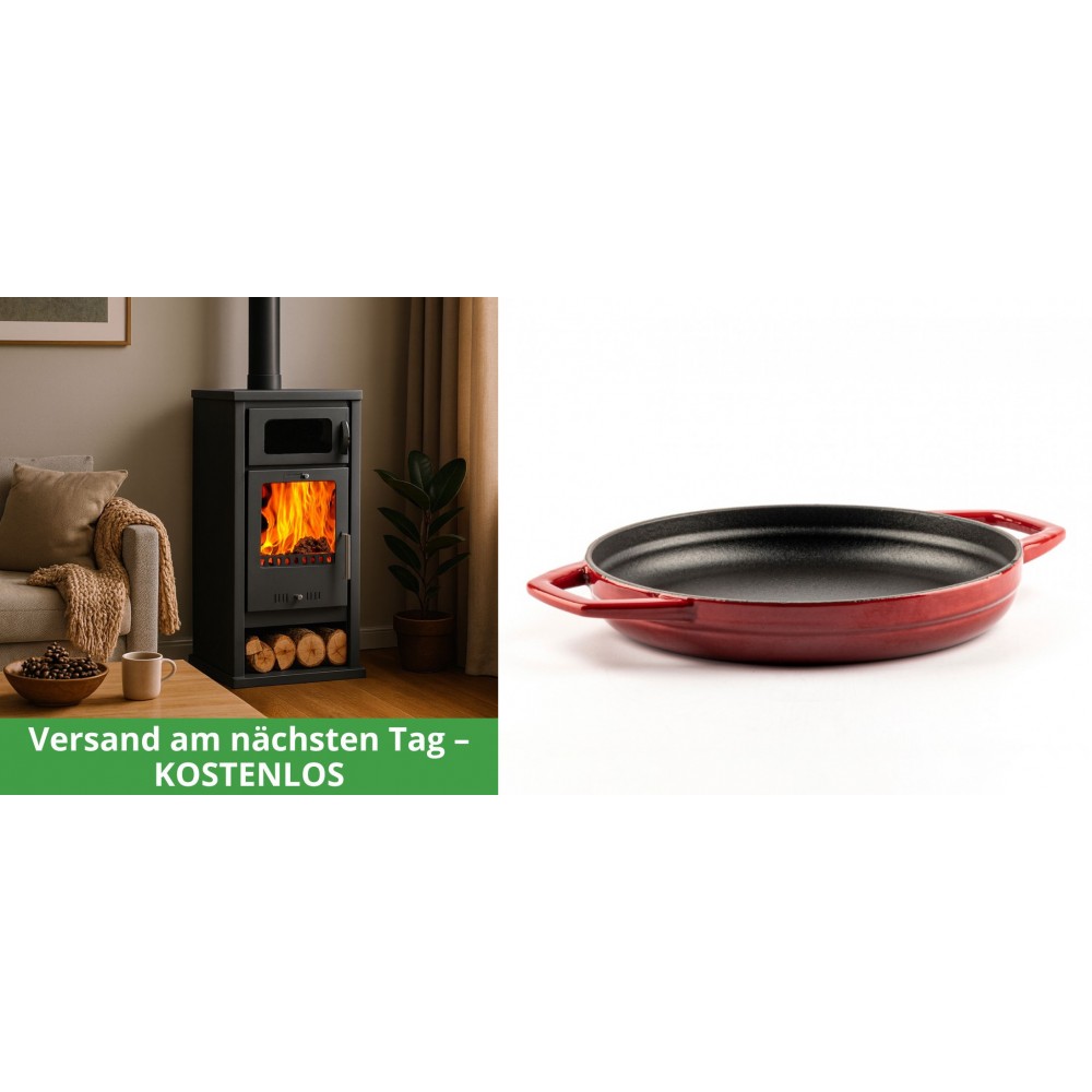 Set Kaminofen, Holzofen mit Backfach Balkan Energy, Modell Troy, Leistung 7.8kW + Emaillierte gusseisenpfanne mit zwei Griffen Solagio, Rubin, Ф22cm