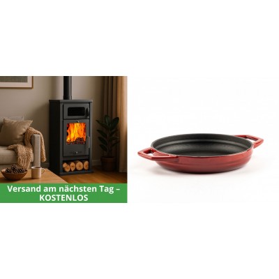 Set Kaminofen, Holzofen mit Backfach Balkan Energy, Modell Troy, Leistung 7.8kW + Emaillierte gusseisenpfanne mit zwei Griffen Solagio, Rubin, Ф19cm - Kaminofen - Holzofen mit Backfach