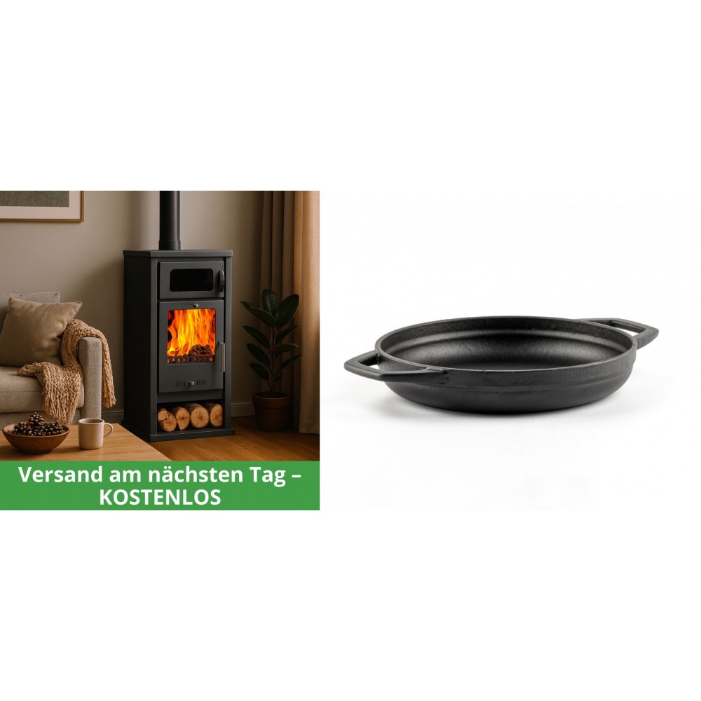 Set Kaminofen, Holzofen mit Backfach Balkan Energy, Modell Troy, Leistung 7.8kW + Emaillierte gusseisenpfanne mit zwei Griffen Solagio, Black Onyx, Ф19cm | Holzofen | Kaminofen |