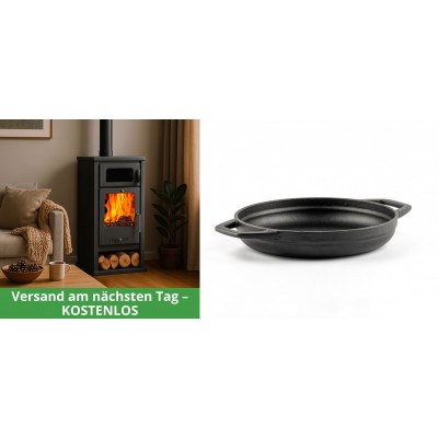 Set Kaminofen, Holzofen mit Backfach Balkan Energy, Modell Troy, Leistung 7.8kW + Emaillierte gusseisenpfanne mit zwei Griffen Solagio, Black Onyx, Ф19cm - Kaminofen - Holzofen mit Backfach