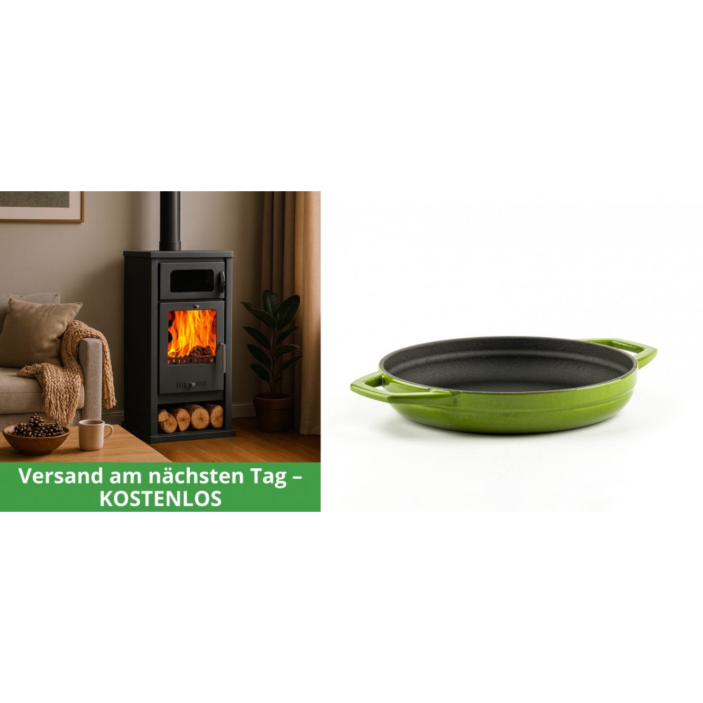 Set Kaminofen, Holzofen mit Backfach Balkan Energy, Modell Troy, Leistung 7.8kW + Emaillierte gusseisenpfanne mit zwei Griffen Solagio, Bamboo, Ф19cm