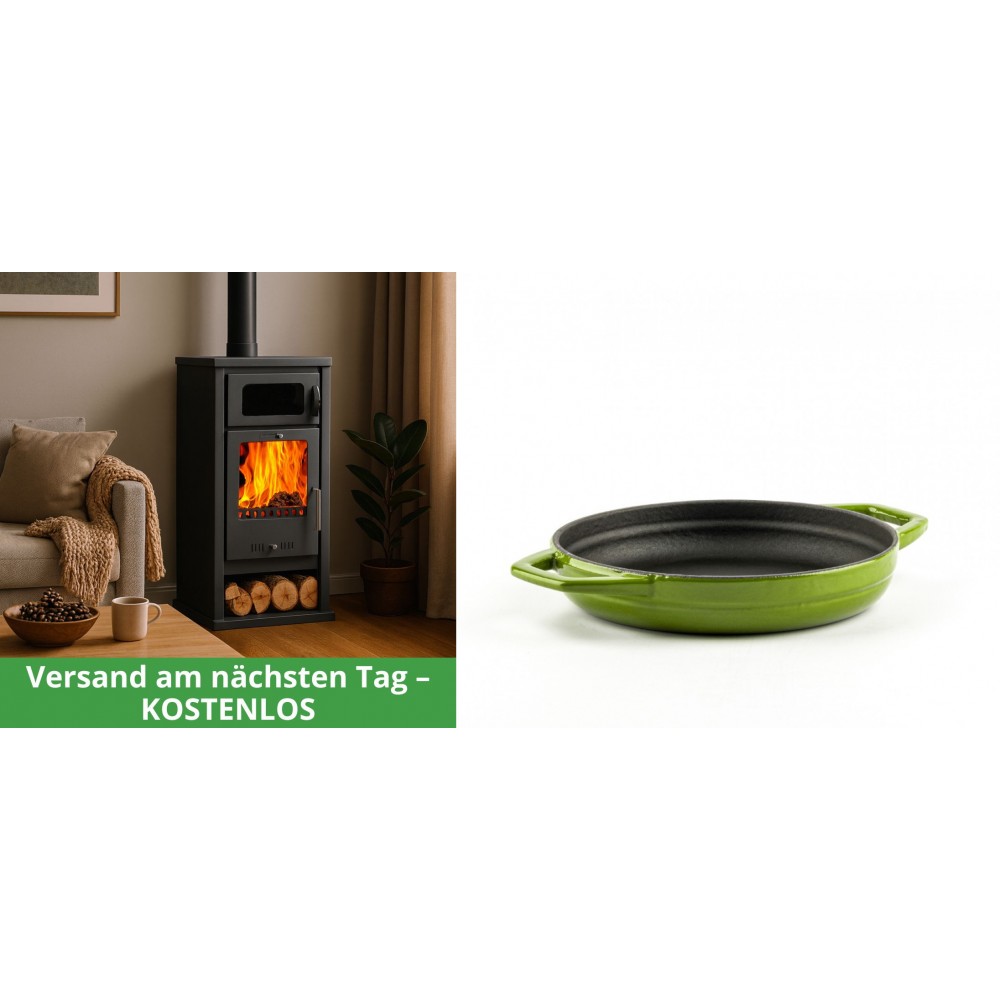 Set Kaminofen, Holzofen mit Backfach Balkan Energy, Modell Troy, Leistung 7.8kW + Emaillierte gusseisenpfanne mit zwei Griffen Solagio, Bamboo, Ф16cm | Holzofen | Kaminofen |