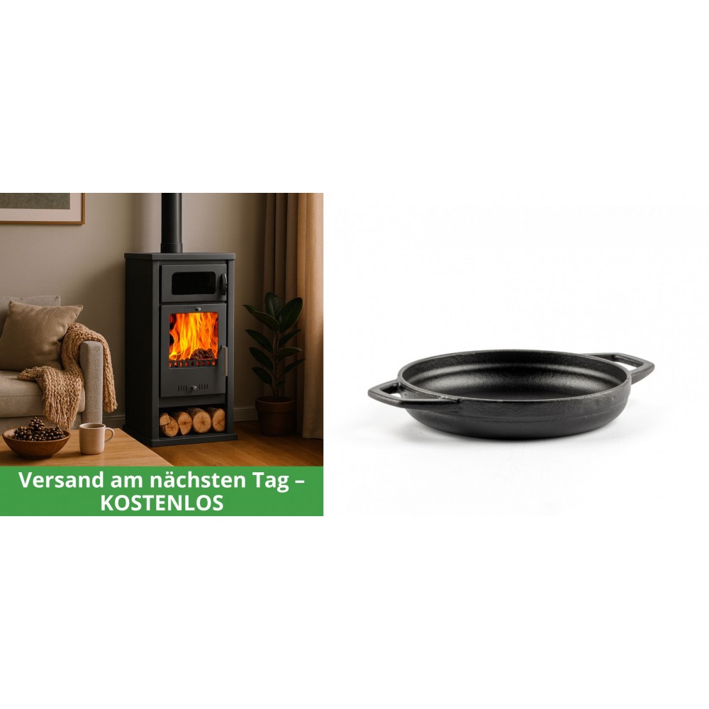 Set Kaminofen, Holzofen mit Backfach Balkan Energy, Modell Troy, Leistung 7.8kW + Emaillierte gusseisenpfanne mit zwei Griffen Solagio, Black Onyx, Ф16cm