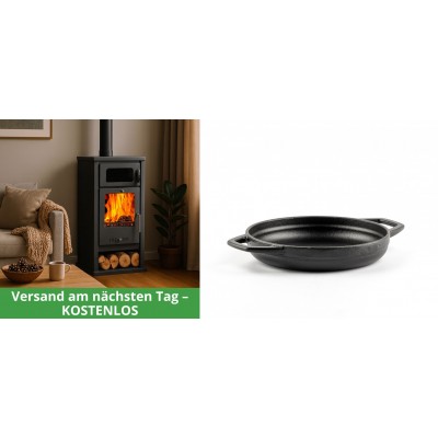 Set Kaminofen, Holzofen mit Backfach Balkan Energy, Modell Troy, Leistung 7.8kW + Emaillierte gusseisenpfanne mit zwei Griffen Solagio, Black Onyx, Ф16cm - Kaminofen - Holzofen mit Backfach