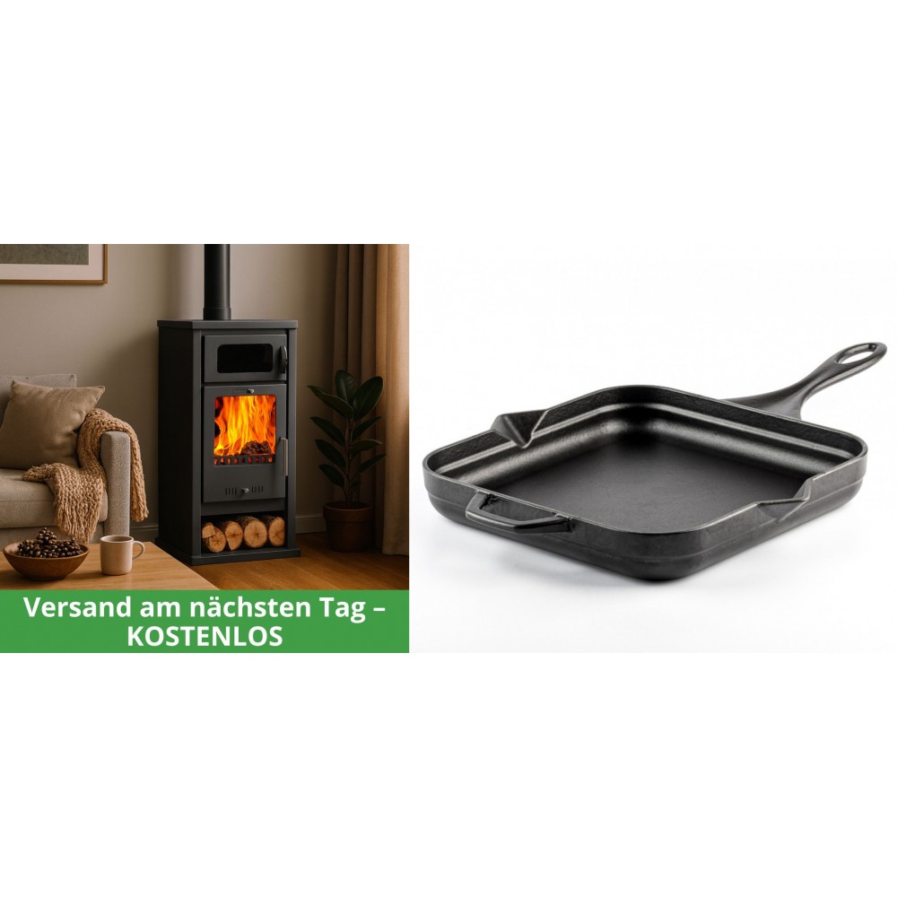 Set Kaminofen, Holzofen mit Backfach Balkan Energy, Modell Troy, Leistung 7.8kW + Emaillierte Gusseisenpfanne Solagio, Black Onyx, 28x28cm