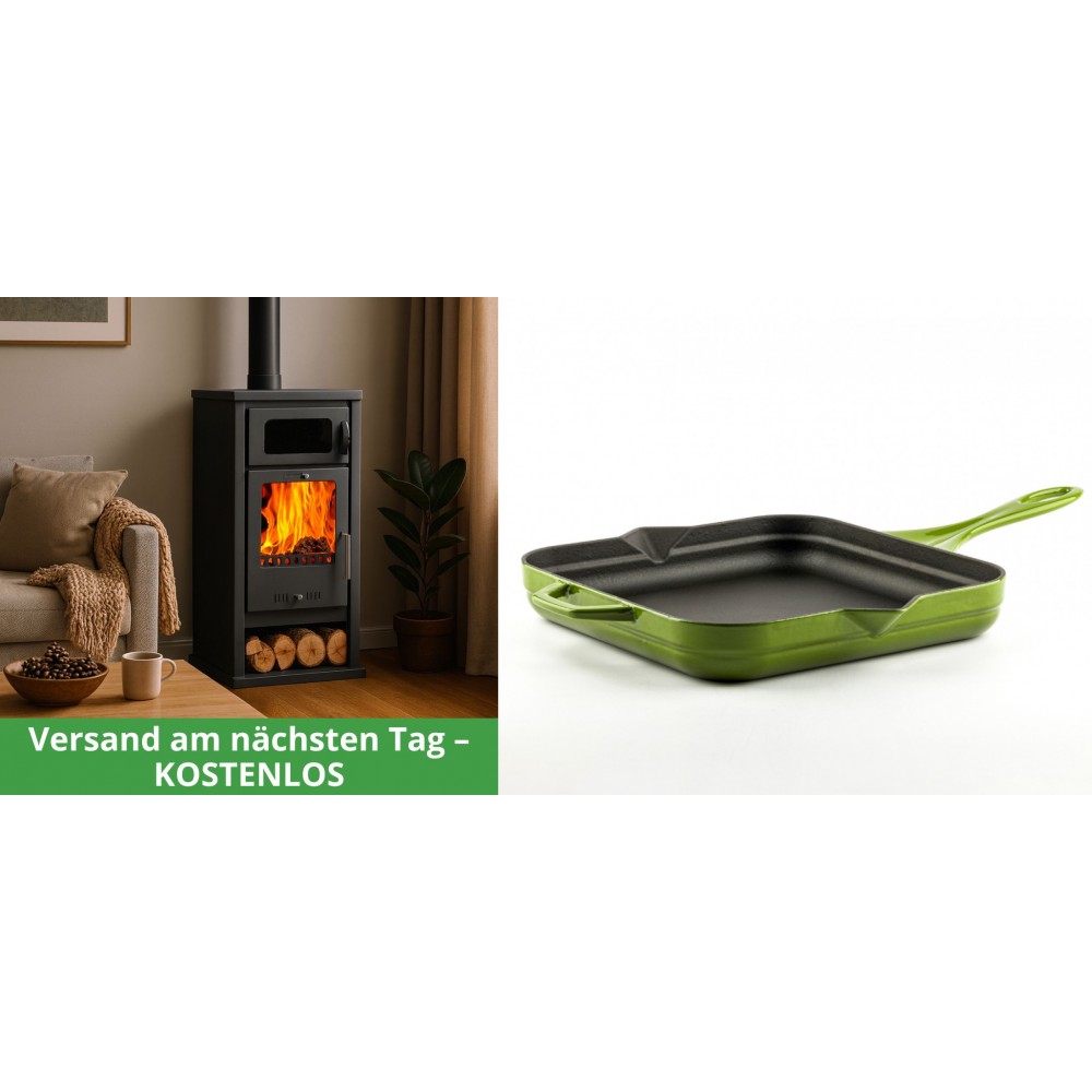 Set Kaminofen, Holzofen mit Backfach Balkan Energy, Modell Troy, Leistung 7.8kW + Emaillierte Gusseisenpfanne Solagio, Bamboo, 28x28cm