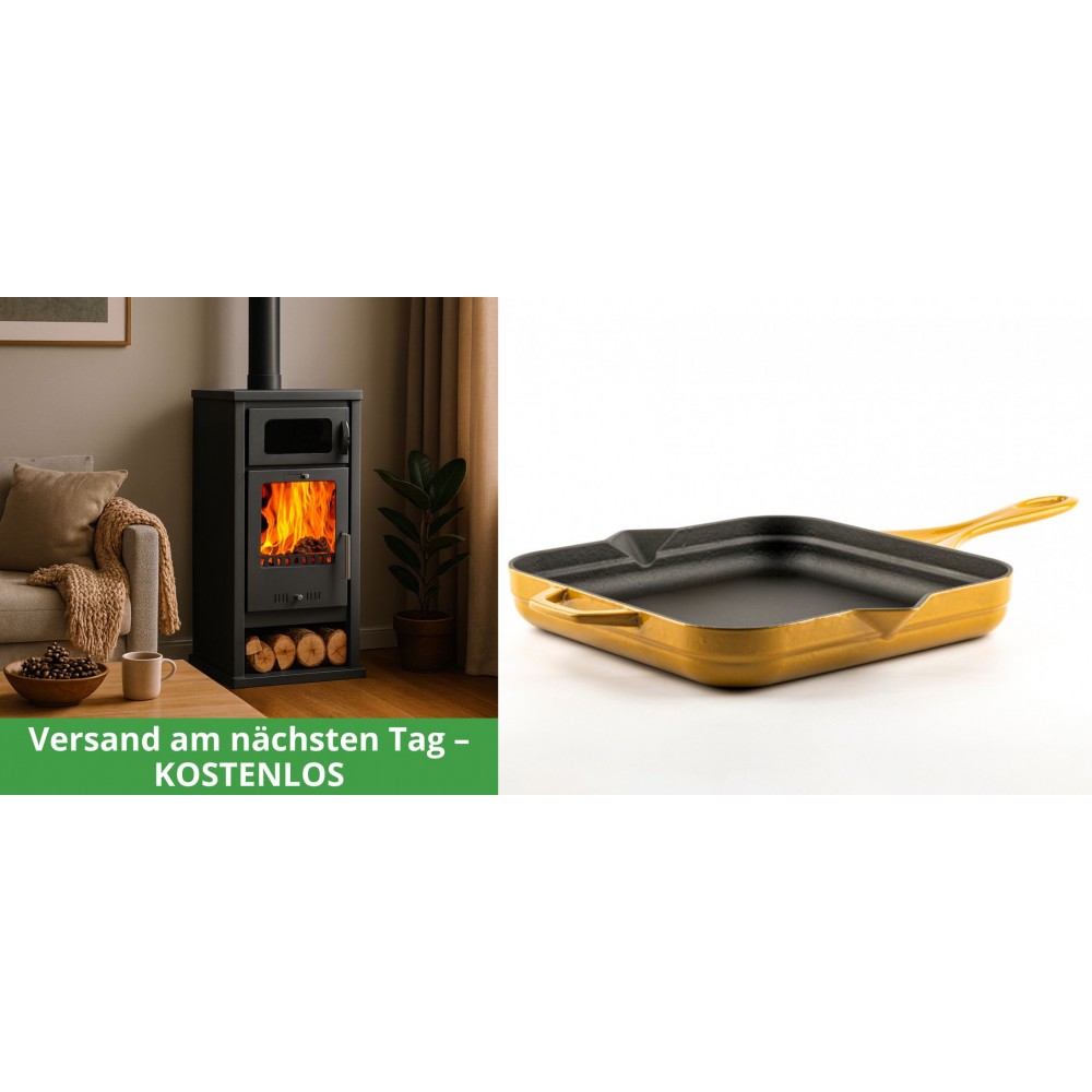 Set Kaminofen, Holzofen mit Backfach Balkan Energy, Modell Troy, Leistung 7.8kW + Emaillierte Gusseisenpfanne Solagio, Dijon, 28x28cm