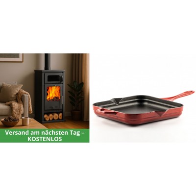 Set Kaminofen, Holzofen mit Backfach Balkan Energy, Modell Troy, Leistung 7.8kW + Emaillierte Gusseisenpfanne Solagio, Rubin, 28x28cm - Kaminofen - Holzofen mit Backfach