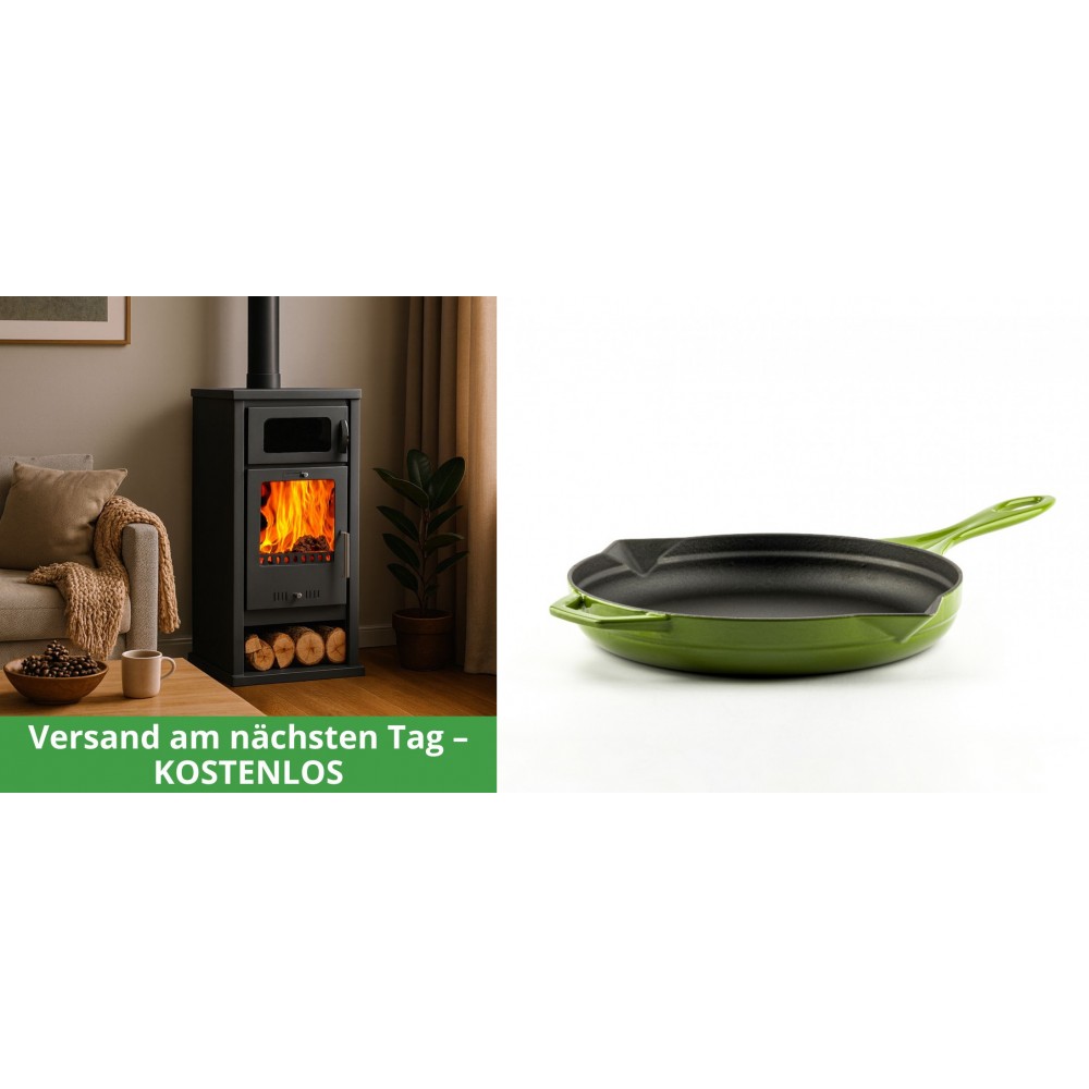 Set Kaminofen, Holzofen mit Backfach Balkan Energy, Modell Troy, Leistung 7.8kW + Emaillierte Gusseisenpfanne Solagio, Bamboo, Ф24cm | Holzofen | Kaminofen |