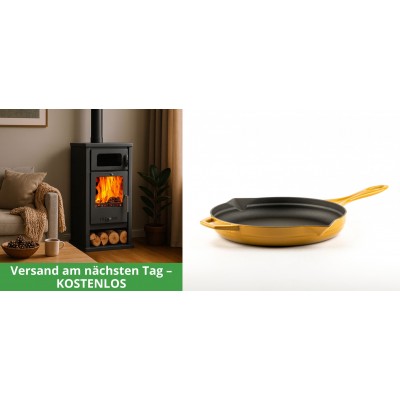Set Kaminofen, Holzofen mit Backfach Balkan Energy, Modell Troy, Leistung 7.8kW + Emaillierte Gusseisenpfanne Solagio, Dijon, Ф24cm - Kaminofen - Holzofen mit Backfach