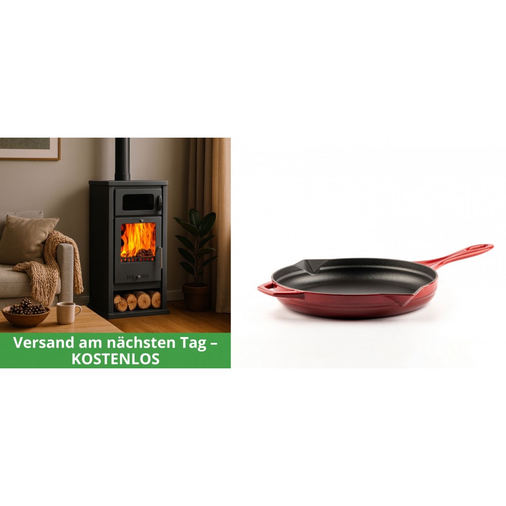 Set Kaminofen, Holzofen mit Backfach Balkan Energy, Modell Troy, Leistung 7.8kW + Emaillierte Gusseisenpfanne Solagio, Rubin, Ф24cm