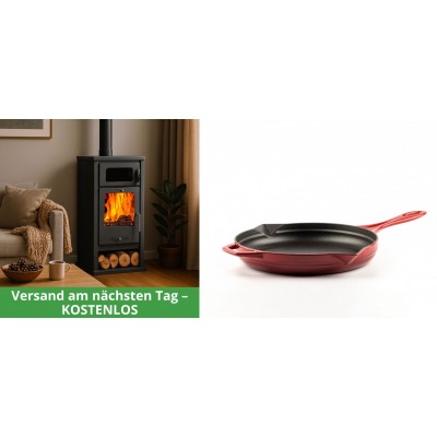 Set Kaminofen, Holzofen mit Backfach Balkan Energy, Modell Troy, Leistung 7.8kW + Emaillierte Gusseisenpfanne Solagio, Rubin, Ф24cm - Kaminofen - Holzofen mit Backfach