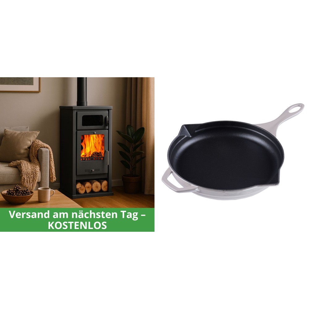 Set Kaminofen, Holzofen mit Backfach Balkan Energy, Modell Troy, Leistung 7.8kW + Emaillierte Gusseisenpfanne Solagio, Ivory, Ф28cm