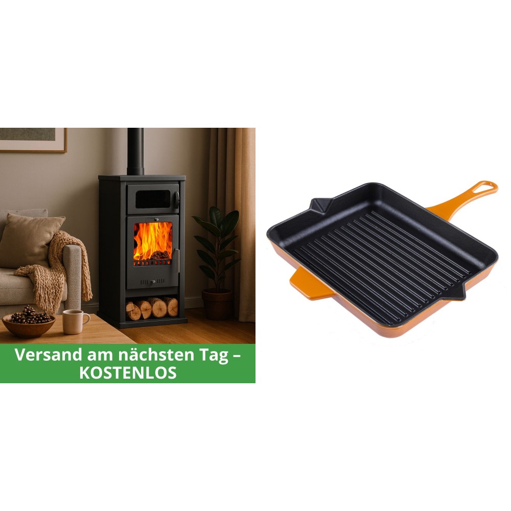 Set Kaminofen, Holzofen mit Backfach Balkan Energy, Modell Troy, Leistung 7.8kW + Emaillierte grillpfanne Gusseisen Solagio, Dijon, 26x32cm | Holzofen | Kaminofen |