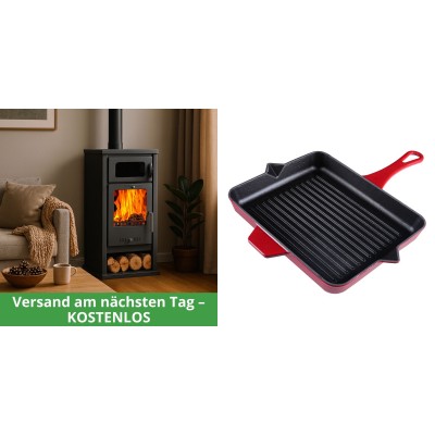 Set Kaminofen, Holzofen mit Backfach Balkan Energy, Modell Troy, Leistung 7.8kW + Emaillierte grillpfanne Gusseisen Solagio, Rubin, 26x32cm - Holzofen