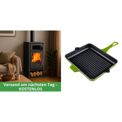 Set Kaminofen, Holzofen mit Backfach Balkan Energy, Modell Troy, Leistung 7.8kW + Emaillierte grillpfanne Gusseisen Solagio, Bamboo, 26x32cm - Holzofen
