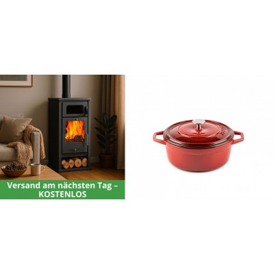 Set Kaminofen, Holzofen mit Backfach Balkan Energy, Modell Troy, Leistung 7.8kW + Gusseisen Topf Tiefer Solagio, Rubin, Ф12 - Kaminofen - Holzofen mit Backfach