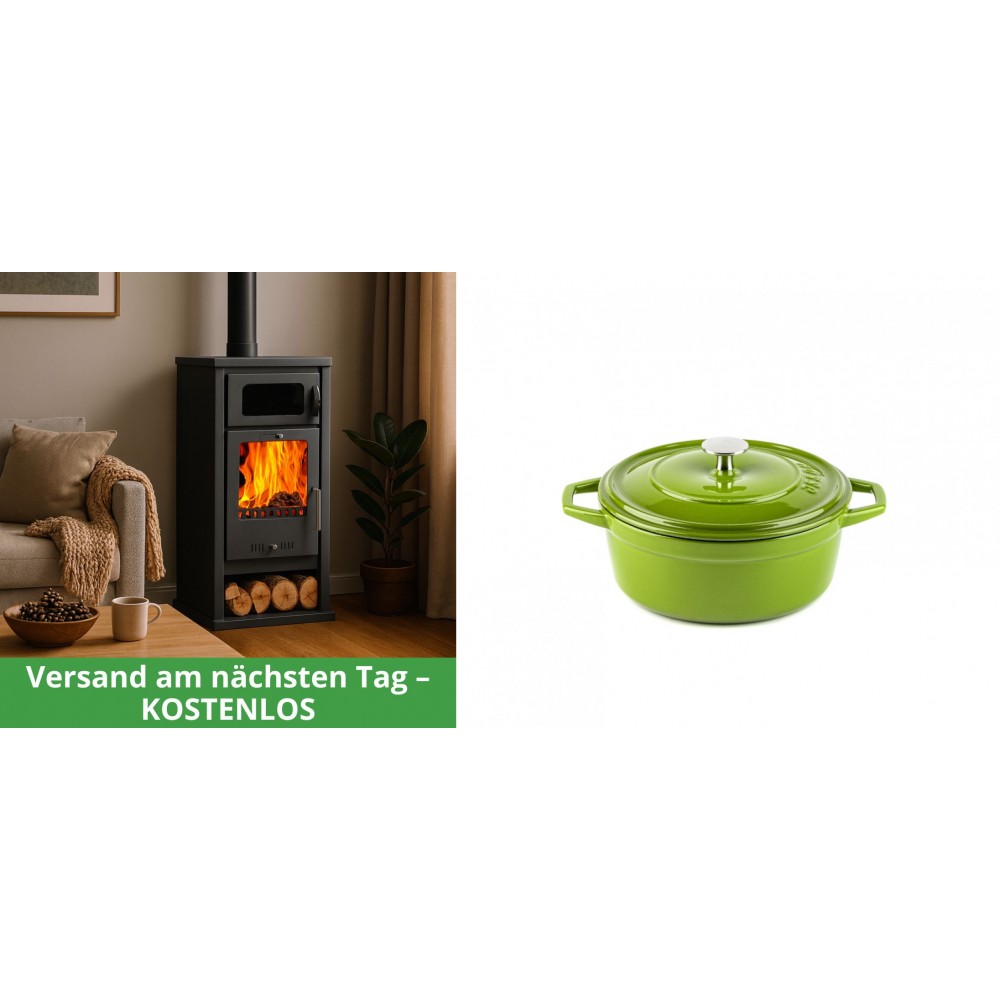 Set Kaminofen, Holzofen mit Backfach Balkan Energy, Modell Troy, Leistung 7.8kW + Gusseisen Topf Tiefer Solagio, Bamboo, Ф12