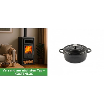 Set Kaminofen, Holzofen mit Backfach Balkan Energy, Modell Troy, Leistung 7.8kW + Gusseisen Topf Tiefer Solagio, Black Onyx, Ф12 - Kaminofen - Holzofen mit Backfach
