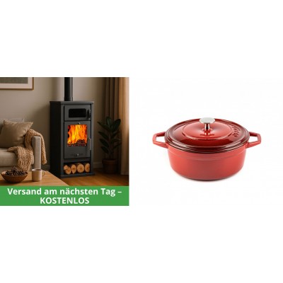 Set Kaminofen, Holzofen mit Backfach Balkan Energy, Modell Troy, Leistung 7.8kW + Gusseisen Topf Tiefer Solagio, Rubin, Ф20 - Kaminofen - Holzofen mit Backfach