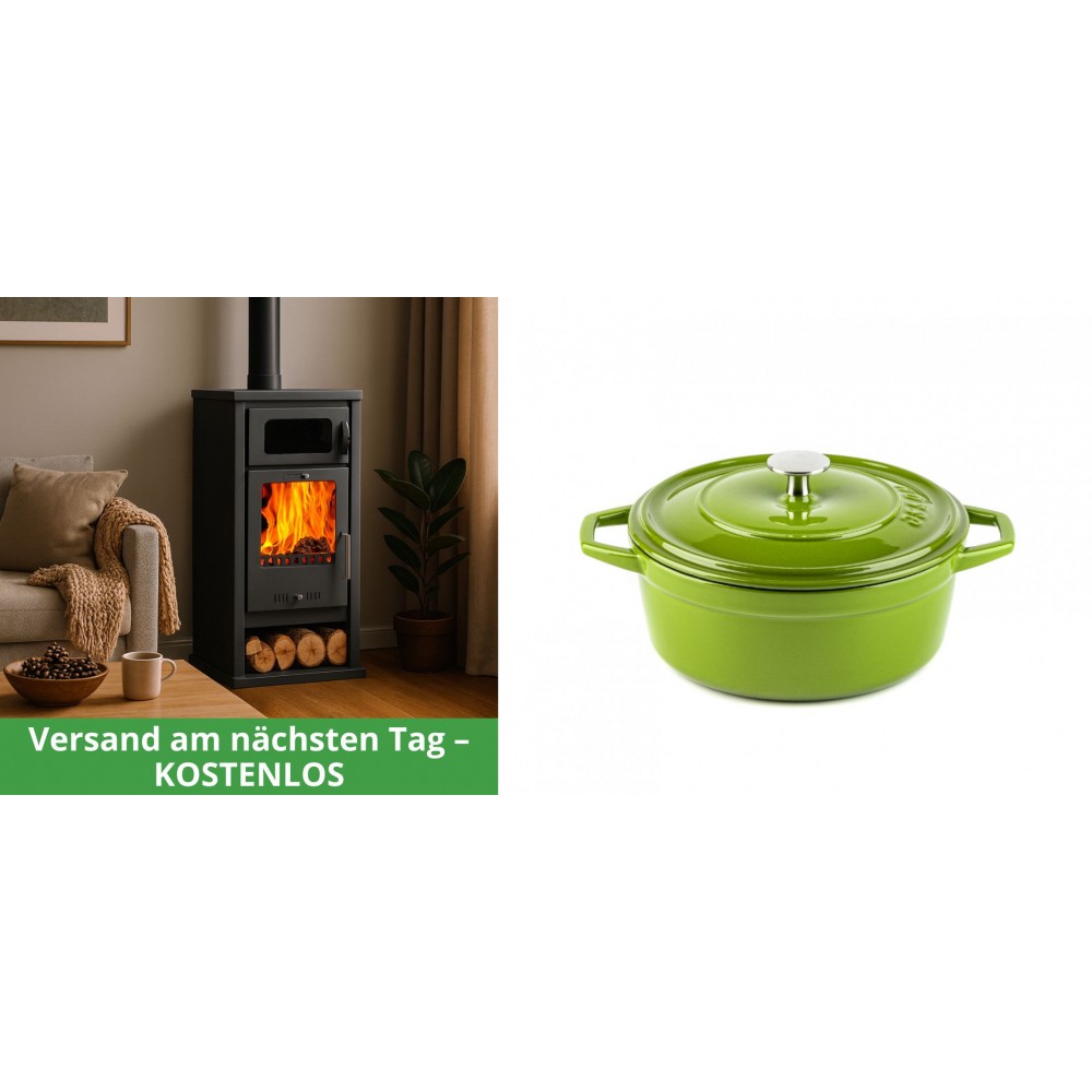 Set Kaminofen, Holzofen mit Backfach Balkan Energy, Modell Troy, Leistung 7.8kW + Gusseisen Topf Tiefer Solagio, Bamboo, Ф20