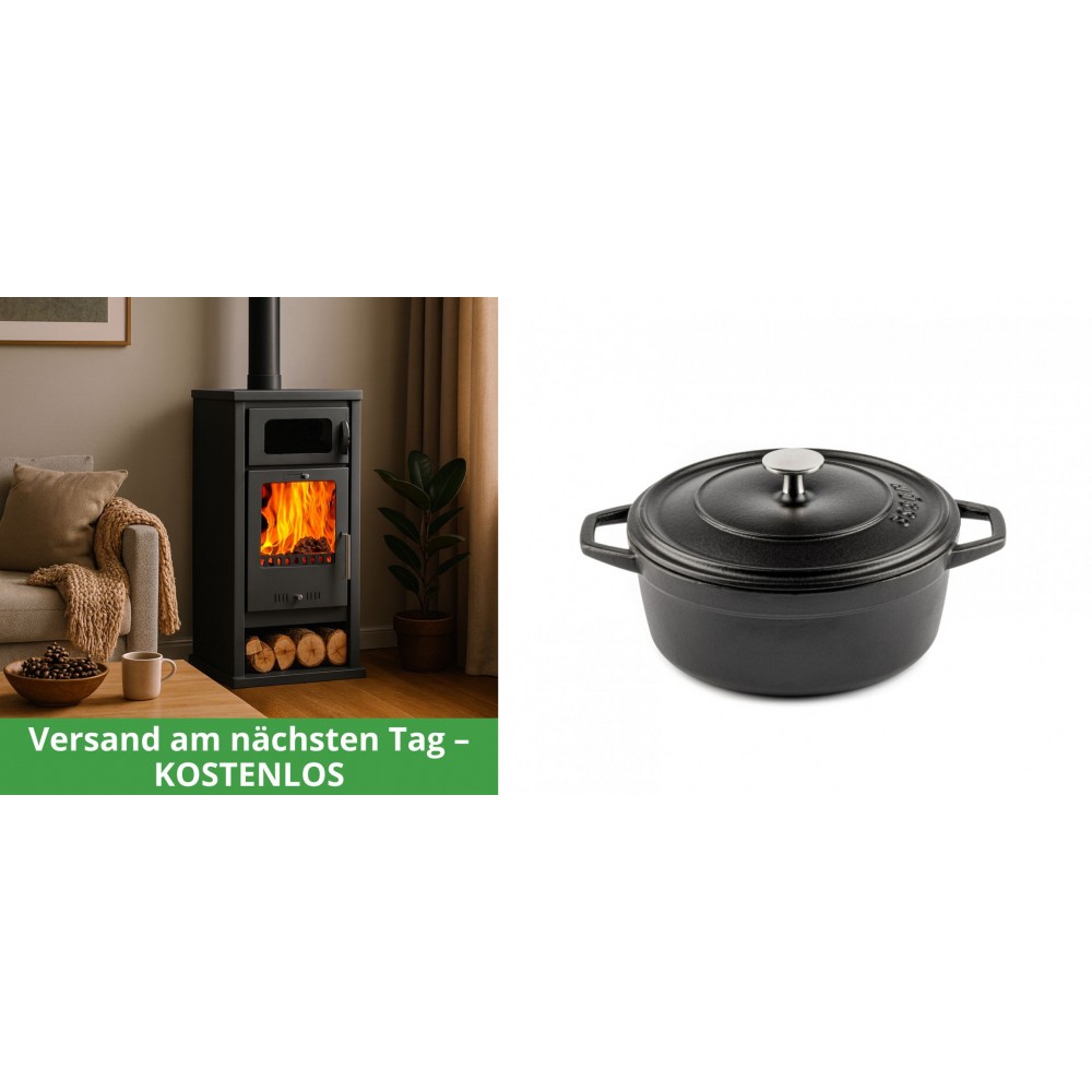 Set Kaminofen, Holzofen mit Backfach Balkan Energy, Modell Troy, Leistung 7.8kW + Gusseisen Topf Tiefer Solagio, Black Onyx, Ф20 | Holzofen | Kaminofen |