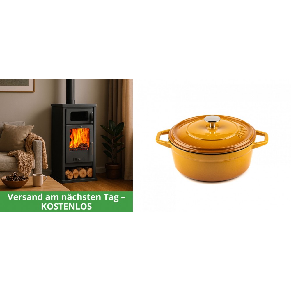 Set Kaminofen, Holzofen mit Backfach Balkan Energy, Modell Troy, Leistung 7.8kW + Gusseisen Topf Tiefer Solagio, Dijon, Ф20