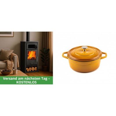 Set Kaminofen, Holzofen mit Backfach Balkan Energy, Modell Troy, Leistung 7.8kW + Gusseisen Topf Tiefer Solagio, Dijon, Ф20 - Kaminofen - Holzofen mit Backfach