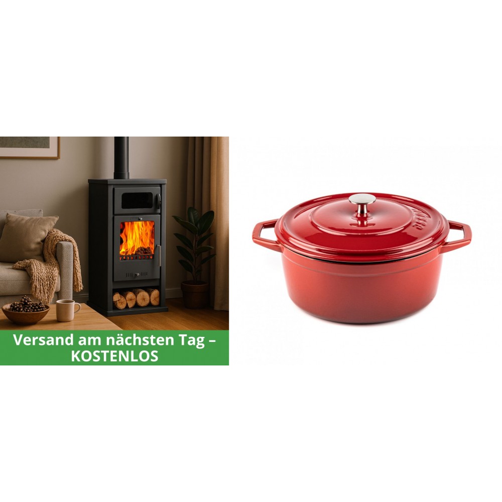 Set Kaminofen, Holzofen mit Backfach Balkan Energy, Modell Troy, Leistung 7.8kW + Gusseisen Topf Tiefer Solagio, Rubin, Ф24 | Holzofen | Kaminofen |