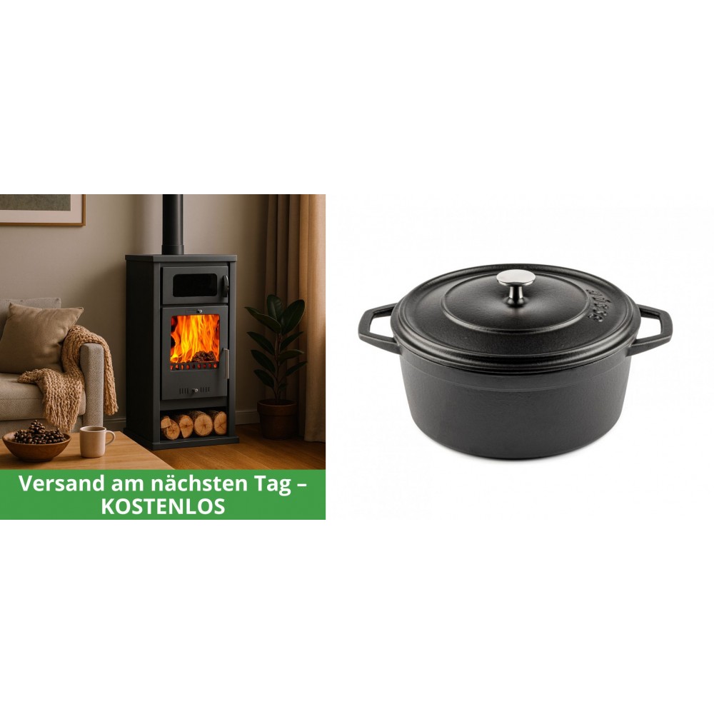 Set Kaminofen, Holzofen mit Backfach Balkan Energy, Modell Troy, Leistung 7.8kW + Gusseisen Topf Tiefer Solagio, Black Onyx, Ф24