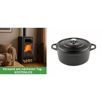 Set Kaminofen, Holzofen mit Backfach Balkan Energy, Modell Troy, Leistung 7.8kW + Gusseisen Topf Tiefer Solagio, Black Onyx, Ф24 - Kaminofen - Holzofen mit Backfach