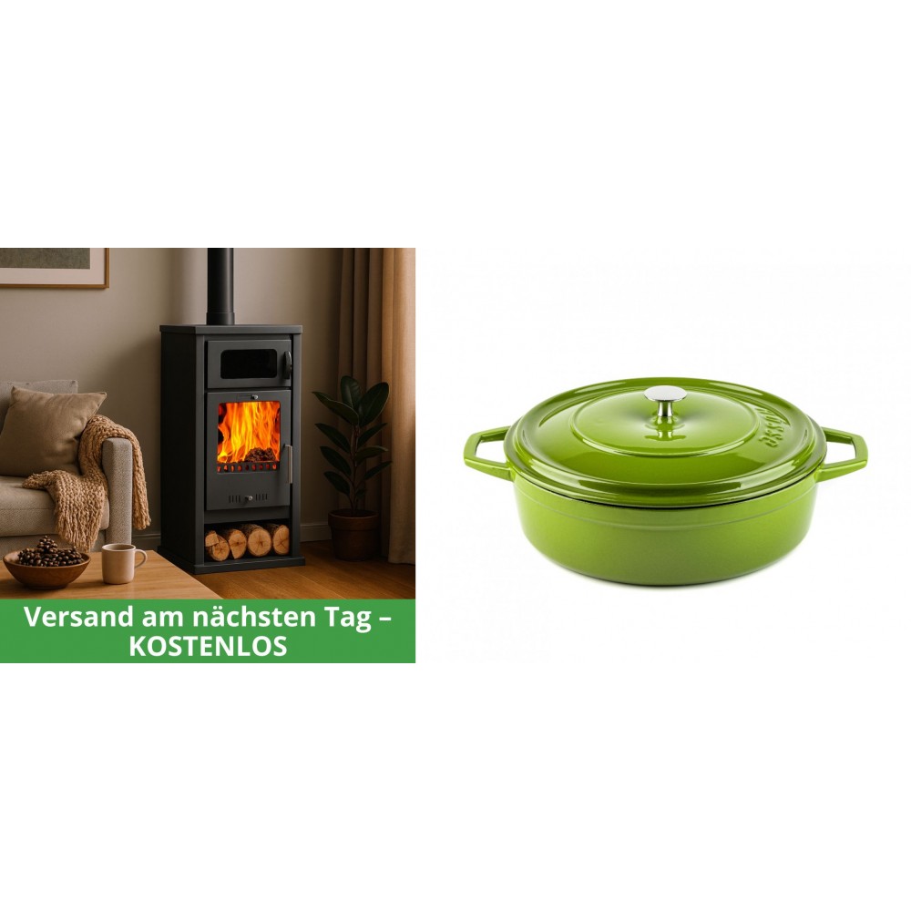 Set Kaminofen, Holzofen mit Backfach Balkan Energy, Modell Troy, Leistung 7.8kW + Gusseisen Topf Flach Solagio, Bamboo, Ф26 | Holzofen | Kaminofen |