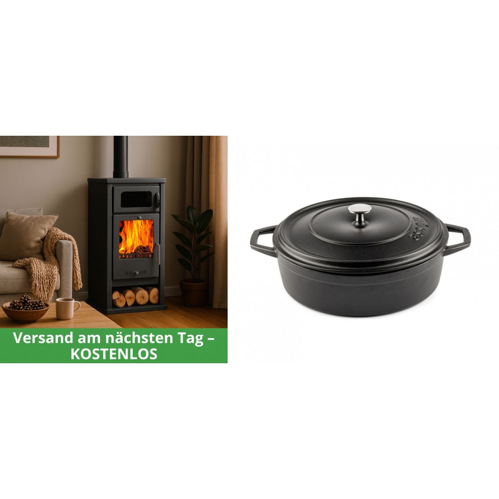 Set Kaminofen, Holzofen mit Backfach Balkan Energy, Modell Troy, Leistung 7.8kW + Gusseisen Topf Flach Solagio, Black Onyx, Ф26 | Holzofen | Kaminofen |