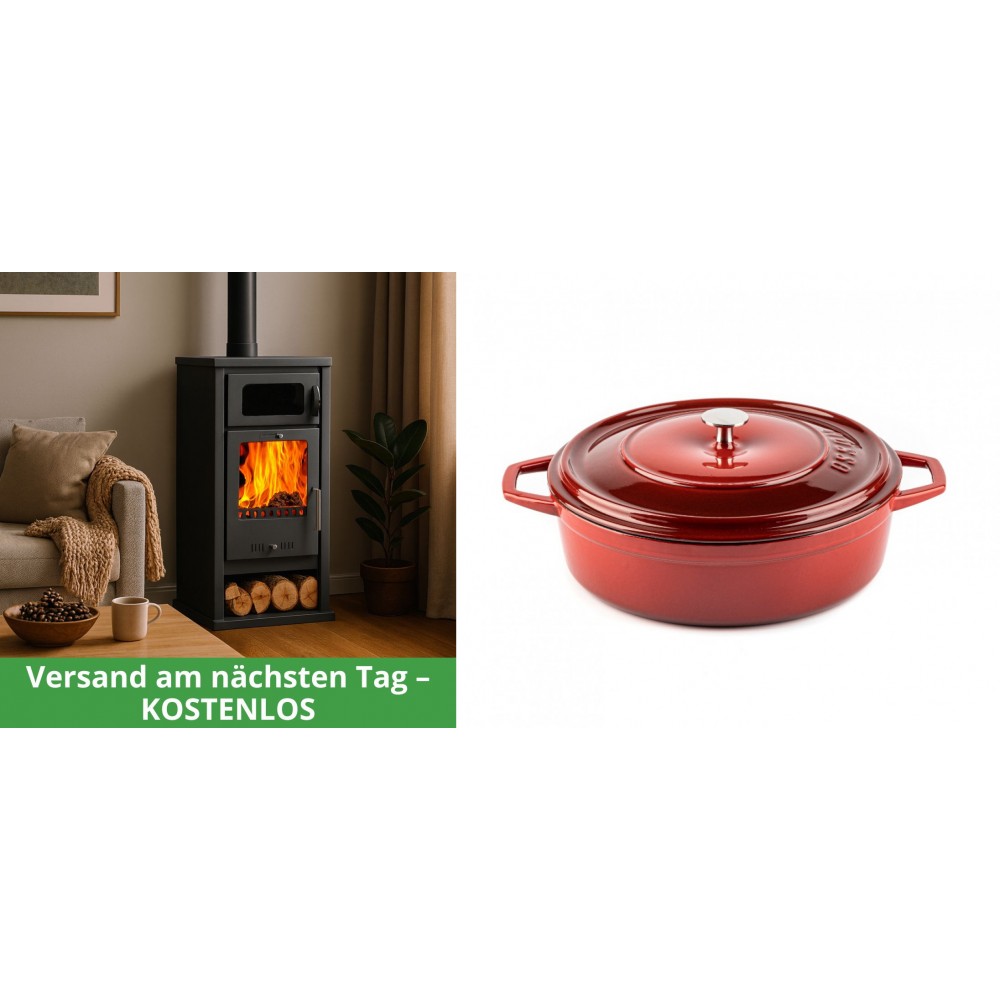 Set Kaminofen, Holzofen mit Backfach Balkan Energy, Modell Troy, Leistung 7.8kW + Gusseisen Topf Flach Solagio, Rubin, Ф26 | Holzofen | Kaminofen |