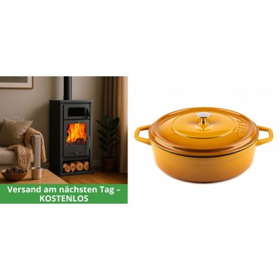 Set Kaminofen, Holzofen mit Backfach Balkan Energy, Modell Troy, Leistung 7.8kW + Gusseisen Topf Flach Solagio, Dijon, Ф28 - Kaminofen - Holzofen mit Backfach